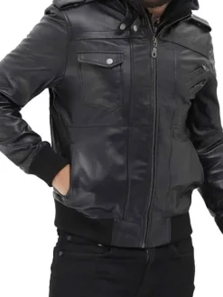 Asal Vision Black Jackets | Leather Jackets | Mens Bomber Hooded Fashion Leather Jacket Black