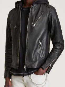 Asal Vision Black Jackets | Hooded Jackets | Men’s Motorcycle Leather Jacket With Hood Black