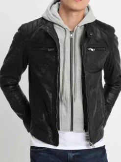 Asal Vision Black Jackets | Cafe Racer Jackets | Mens Removable Hood Cafe Racer Leather Jacket Black