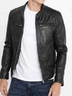 Asal Vision Black Jackets | Cafe Racer Jackets | Mens Removable Hood Cafe Racer Leather Jacket Black