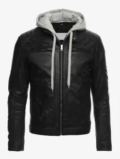 Asal Vision Black Jackets | Cafe Racer Jackets | Mens Removable Hood Cafe Racer Leather Jacket Black