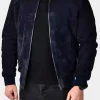 Asal Vision Suede Jackets | Bomber Jackets | Mens Suede Leather Bomber Stand Collar Jacket Blue