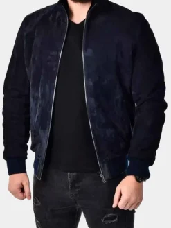 Asal Vision Suede Jackets | Bomber Jackets | Mens Suede Leather Bomber Stand Collar Jacket Blue