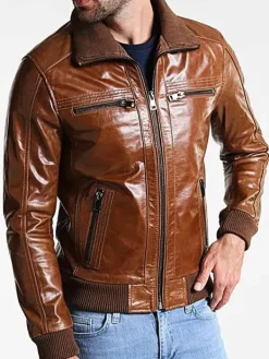 Asal Vision Brown Jackets | Bomber Jackets | Men’s Bomber Goatskin Leather Jacket Brown