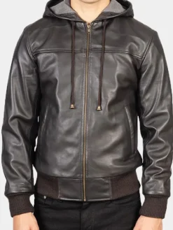 Asal Vision Brown Jackets | Hooded Jackets | Men’s Bomber Leather Jacket With Hood Brown
