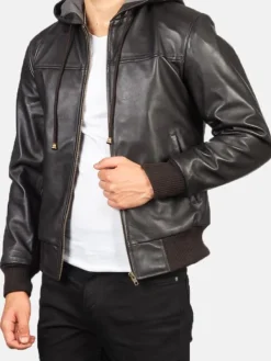 Asal Vision Brown Jackets | Hooded Jackets | Men’s Bomber Leather Jacket With Hood Brown