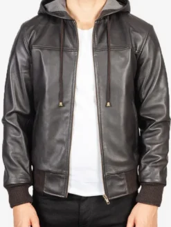 Asal Vision Brown Jackets | Hooded Jackets | Men’s Bomber Leather Jacket With Hood Brown