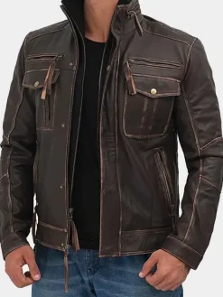 Asal Vision Brown Jackets | Cafe Racer Jackets | Mens Cafe Racer Distressed Leather Jacket Brown