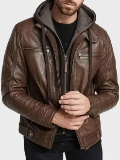 Asal Vision Brown Jackets | Hooded Jackets | Mens Hooded Leather Motorcycle Jacket Brown