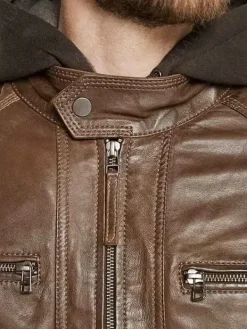 Asal Vision Brown Jackets | Hooded Jackets | Mens Hooded Leather Motorcycle Jacket Brown