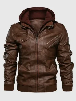 Asal Vision Brown Jackets | Hooded Jackets | Mens Leather Hooded Jacket Brown