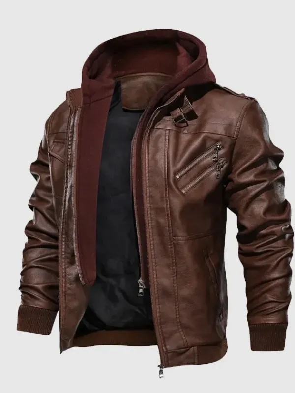 Asal Vision Brown Jackets | Hooded Jackets | Mens Leather Hooded Jacket Brown