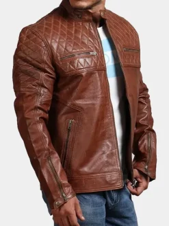 Asal Vision Brown Jackets | Cafe Racer Jackets | Mens Quilted Fashion Leather Biker Jacket Brown