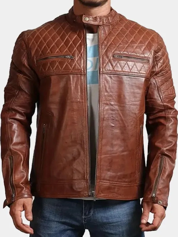 Asal Vision Brown Jackets | Cafe Racer Jackets | Mens Quilted Fashion Leather Biker Jacket Brown