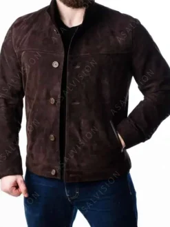 Asal Vision Brown Jackets | Suede Jackets | Mens Buttoned Up Suede Leather Jacket Dark Brown