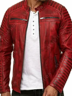 Asal Vision Quilted Jackets | Leather Jackets | Mens Cafe Racer Biker Vintage Leather Jacket Red