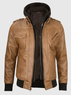 Asal Vision Brown Jackets | Hooded Jackets | Men’s Color Leather Hooded Jacket Camel