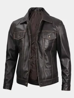 Asal Vision Brown Jackets | Trucker Jackets | Mens Leather Trucker Jacket Dark Brown
