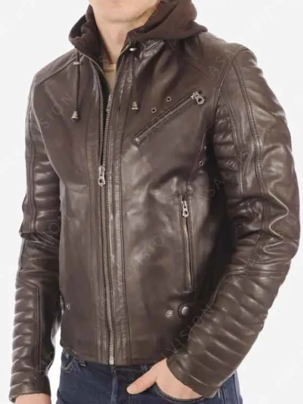 Asal Vision Brown Jackets | Cafe Racer Jackets | Mens Padded Sleeves Hooded Leather Jacket Dark Brown
