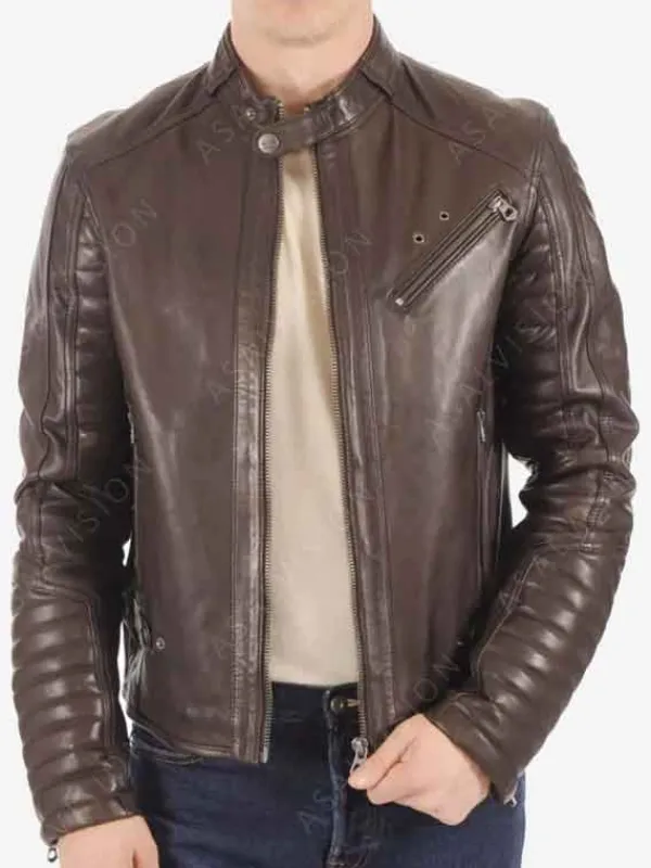 Asal Vision Brown Jackets | Cafe Racer Jackets | Mens Padded Sleeves Hooded Leather Jacket Dark Brown