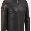 Asal Vision Brown Jackets | Cafe Racer Jackets | Mens Striped Cafe Racer Leather Jacket Dark Brown
