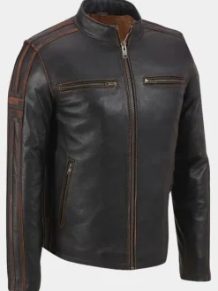 Asal Vision Brown Jackets | Cafe Racer Jackets | Mens Striped Cafe Racer Leather Jacket Dark Brown