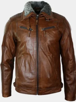 Asal Vision Brown Jackets | Leather Jackets | Mens Detachable Fur Collar Leather Jacket Brown