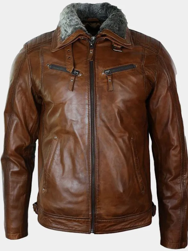 Asal Vision Brown Jackets | Leather Jackets | Mens Detachable Fur Collar Leather Jacket Brown