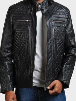 Asal Vision Black Jackets | Quilted Jackets | Men’s Diamond Quilted Skull Leather Motorcycle Jacket Black