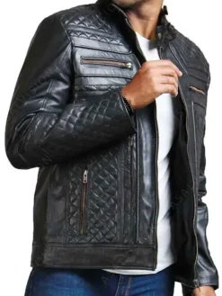 Asal Vision Black Jackets | Quilted Jackets | Men’s Diamond Quilted Skull Leather Motorcycle Jacket Black