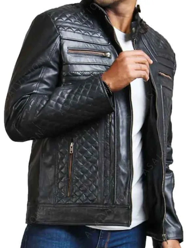 Asal Vision Black Jackets | Quilted Jackets | Men’s Diamond Quilted Skull Leather Motorcycle Jacket Black