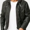 Asal Vision Black Jackets | Hooded Jackets | Mens Gillian Hooded Biker Padded Leather Jacket Black