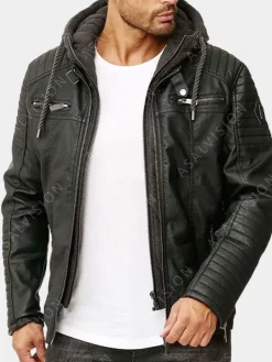 Asal Vision Black Jackets | Hooded Jackets | Mens Gillian Hooded Biker Padded Leather Jacket Black