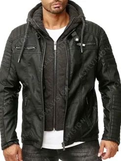 Asal Vision Black Jackets | Hooded Jackets | Mens Gillian Hooded Biker Padded Leather Jacket Black