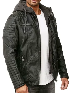 Asal Vision Black Jackets | Hooded Jackets | Mens Gillian Hooded Biker Padded Leather Jacket Black