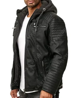 Asal Vision Black Jackets | Hooded Jackets | Mens Gillian Hooded Biker Padded Leather Jacket Black