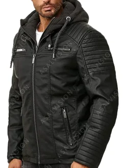 Asal Vision Black Jackets | Hooded Jackets | Mens Gillian Hooded Biker Padded Leather Jacket Black