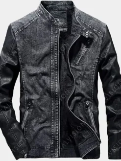 Asal Vision Denim Jackets | Mens Denim With Leather Sleeves Jacket Grey