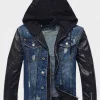 Asal Vision Denim Jackets | Mens Hooded Leather Denim Blue Jacket Black & Blue