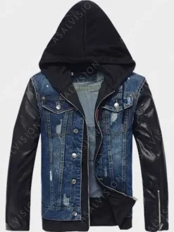 Asal Vision Denim Jackets | Mens Hooded Leather Denim Blue Jacket Black & Blue