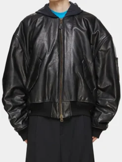 Asal Vision Black Jackets | Hooded Jackets | Men’s MA-1 Oversized Leather Bomber Jacket With Hood Black
