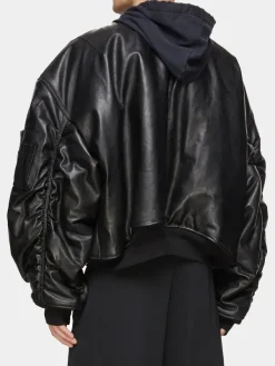 Asal Vision Black Jackets | Hooded Jackets | Men’s MA-1 Oversized Leather Bomber Jacket With Hood Black