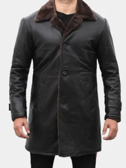 Asal Vision Men Coats | Mens Mid Length Shearling Leather Coat Black