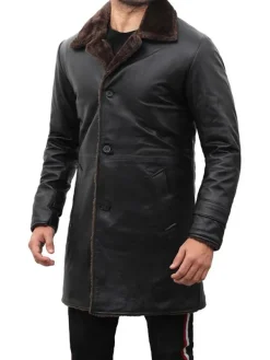 Asal Vision Men Coats | Mens Mid Length Shearling Leather Coat Black