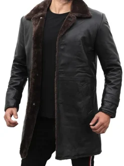Asal Vision Men Coats | Mens Mid Length Shearling Leather Coat Black