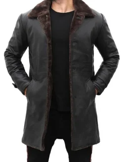 Asal Vision Men Coats | Mens Mid Length Shearling Leather Coat Black