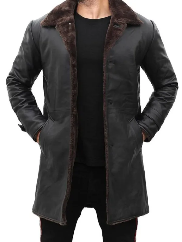 Asal Vision Men Coats | Mens Mid Length Shearling Leather Coat Black