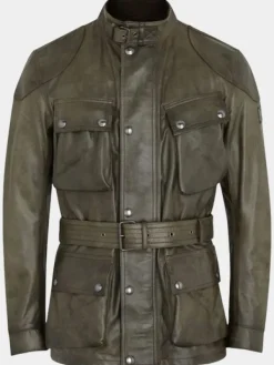 Asal Vision Leather Jackets | Men’s Belted Leather Fashion Jacket Olive Green