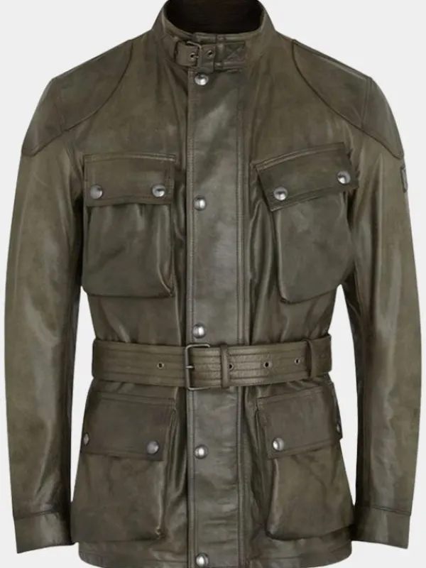 Asal Vision Leather Jackets | Men’s Belted Leather Fashion Jacket Olive Green