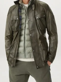 Asal Vision Leather Jackets | Men’s Belted Leather Fashion Jacket Olive Green